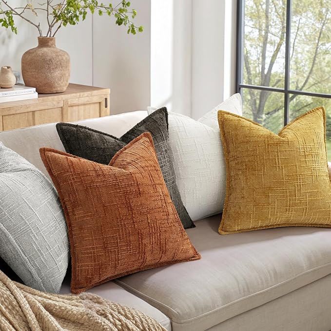 decorUhome Chenille Throw Pillow Covers 22x22 Set of 2, Thick Textured Slubby Neutral Decorative Pillow Covers with Elegant Design for Couch, Sofa, Living Room, Mustard Yellow