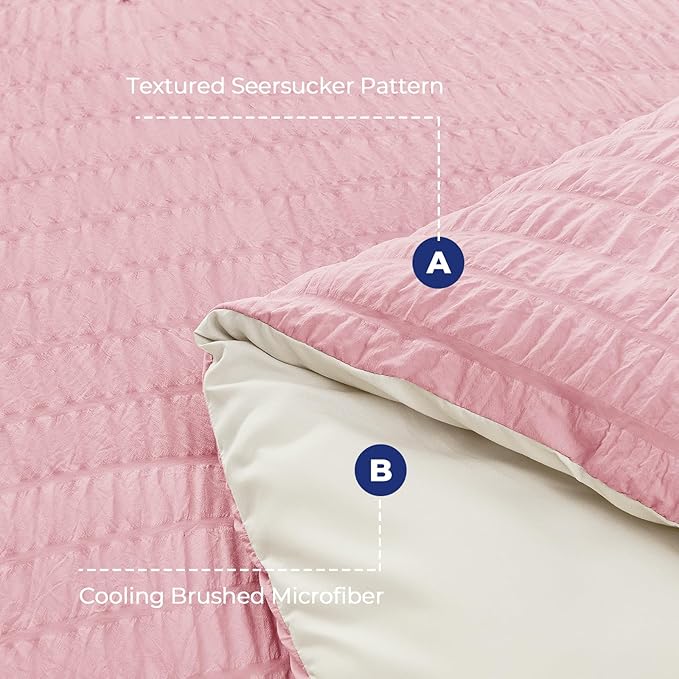 HYMOKEGE Pink/Ivory Full Size Comforter Sets Seersucker 7 Pieces, All Season Luxury Bed in a Bag for Bedroom, Bedding Set with Comforter, Sheets, Pillowcases & Shams