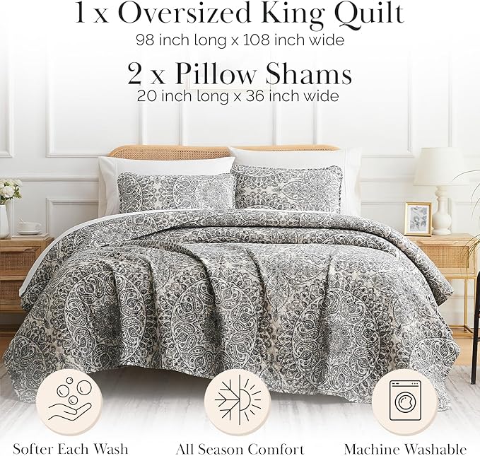 Southshore Fine Living, Inc. Ashanti Collection Oversized King Quilt Bedding Set, Soft Fabric, Lightweight Bedspread 3-Piece, Two Matching Shams (108 in Wide x 98 in Long), King/California Size, Grey