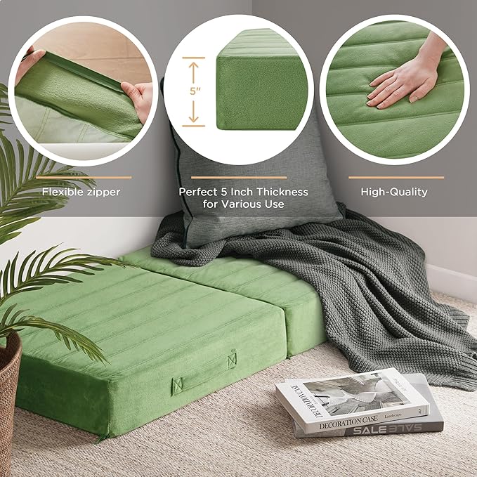 Codi High Density Foam Floor Pillow 2 Sets, Large Meditation Cushions Seating for Adults and Yoga Sitting, Washable Thick Couch Cushion with Soft Tufted Covers - 22 * 22 * 5inch Green