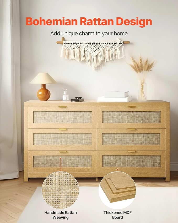 VEVOR Large Boho Dresser for Bedroom, 57" Wide Rattan Dresser 6 Drawer with Ample Storage, Modern Wooden Chest of Drawers Closet TV Stand Dressers for Living Room, Natural Oak