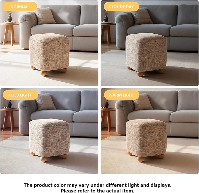 Cube Pouf Ottoman with Wooden Leg,Chenille Fabric Vanity Stool-Upholstered Floor Chair,Square Footstool Pouf with Acacia Wood Frame(500Lbs),Small Coffee Table Ottoman for Living Room