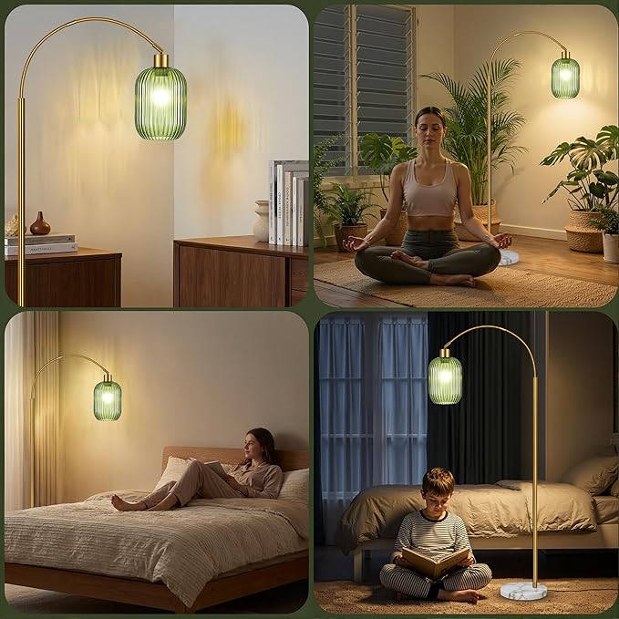 COTTHOS Floor Lamp for Living Room, Modern Gold Lamp with Ribbed Glass Lampshade Marble Base, 68” Glass Tall Lamp with Remote Control and Pedal Switch for Bedroom (6000K LED Bulb Included)