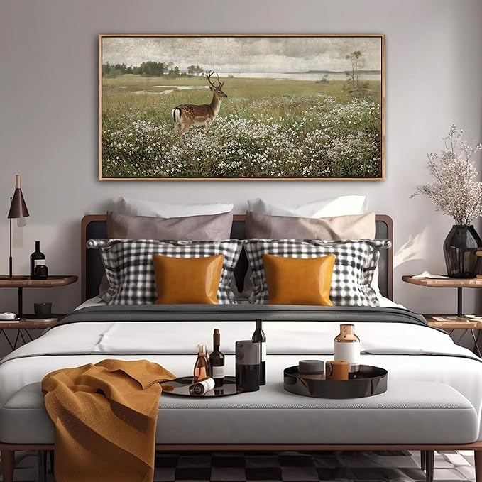 Vintage Wall Art for Living Room Farmhouse Wall Art, Country Decor, Deer Wall Art - Rustic Nature Canvas, Large Landscape Pictures for Bedroom Framed Artwork for Walls 20×40IN