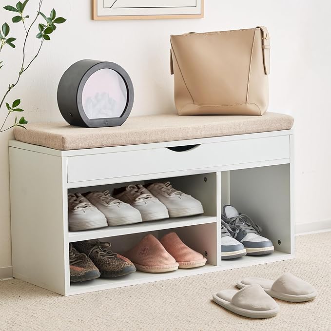 Apicizon 31 Inches Storage Bench, Shoe Bench with Flip Top Storage Space and Padded Cushion, Wooden Entryway Bench for Entryway, Living Room, 2-Tier Shoe Rack Organizer, White