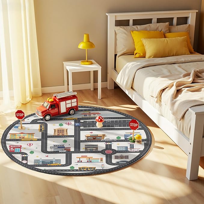 3.3ft Round Kids City Road Car Play Rug - Non-Slip Faux Wool Carpet with Interactive City Map Design, Educational Toy Vehicle Mat for Kids, Bedroom Playroom Nursery Gift.
