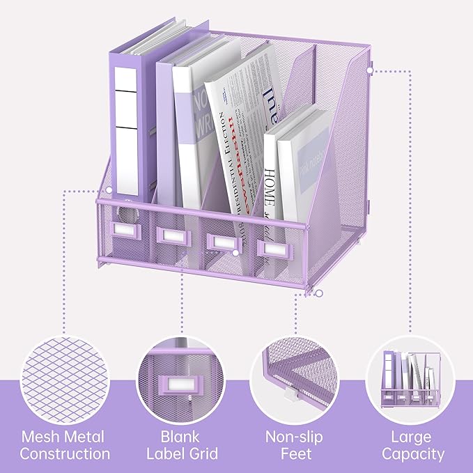 SUPEASY Magazine File Holder Desk Organizer, Metal Binder Holder with 4 Vertical Compartments for Office Home School, Purple
