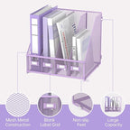 SUPEASY Magazine File Holder Desk Organizer, Metal Binder Holder with 4 Vertical Compartments for Office Home School, Purple