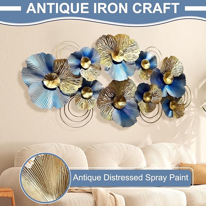 edaknez Metal Wall Art for Living Room, Extra Large Metal Wall Decor, 3D Modern Leaves Wall Decoration, Lotus Flower Wall Hanging Sculpture, for Indoor Outdoor, Blue & Gold (A 130x66x6cm)
