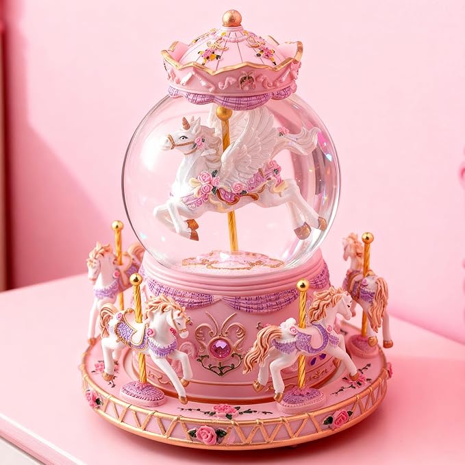 Music Box Unicorn Carousel Horses Snow Globe Gifts, Birthday Gift for Daughter Girls Women, Musical Carousel for Wife Friend Sister Anniversary Christmas Play You are My Sunshine