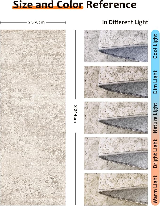 Art&Tuft Non-Slip Runner Rug - 2.5x8 Runner Rug Washable Low-Pile Rugs Runners, Soft Distressed Carpet Runner for Bedroom Bathroom Kitchen Laundry Living Room, Beige