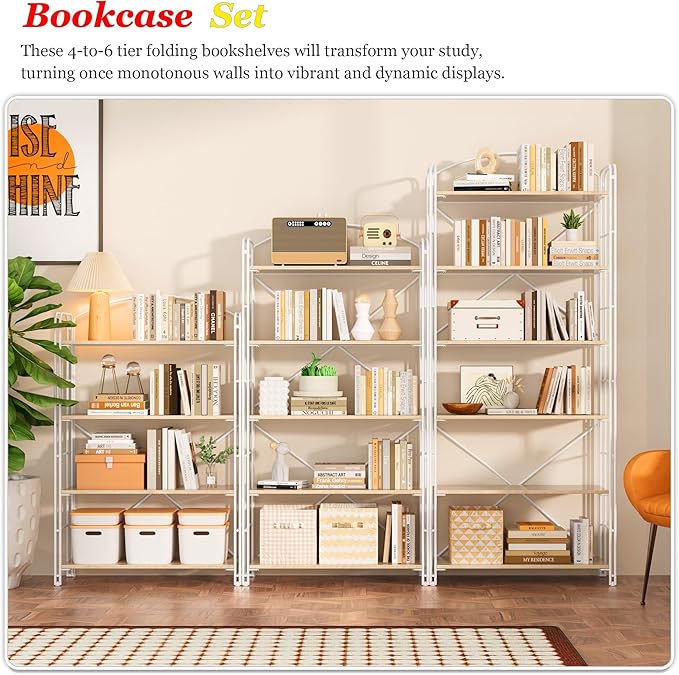 UDD Folding Bookshelf No Assembly, 65" H x 23.7" W, 6 Shelf Foldable Bookcase Industrial Collapsible Bookshelves, Open Storage Book Shelves for Small Spaces Home Office Living Room, Light Oak White