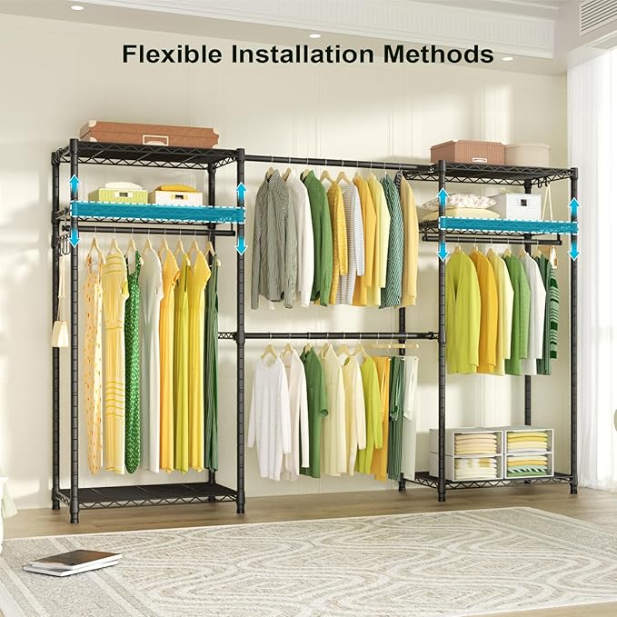 Ulif E1 Heavy Duty Closet Garment Rack, 6 Tiers Adjustable Metal Freestanding Expandable Clothing Storage with 4 Hanger Rods, Easy to Assemble Wardrobe, 71.4" H x (70" - 88.2") L x 14" D, Black