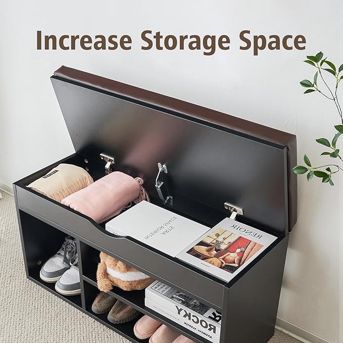 Apicizon 39 Inches Storage Bench, Shoe Bench with Flip Top Storage Space and Padded Cushion, Wooden Entryway Bench for Entryway, Living Room, 2-Tier Shoe Rack Organizer, Black