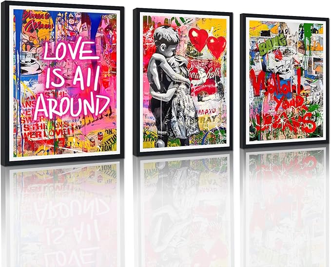 Novatique Colorful Graffiti Wall Art Banksy Street Wall Art Modern Boy and Girl Graffiti Art Painting Print Framed Ready to Hang Home Decoration,16" x 24" x 3pcs