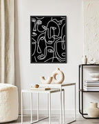 Abstract Face Pattern Wall Art Black Background White Continuous Line Drawing 16x20 Inch Oak Wood Black Framed Modern Diverse Portrait for Living Room Decor