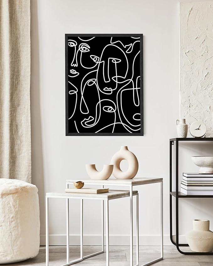 Abstract Face Pattern Wall Art Black Background White Continuous Line Drawing 16x20 Inch Oak Wood Black Framed Modern Diverse Portrait for Living Room Decor