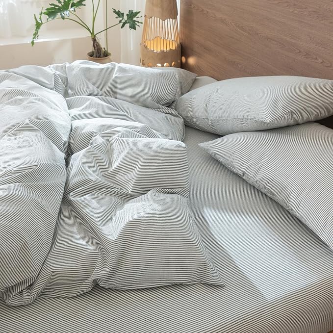 MooMee Striped Duvet Cover Set 100% Washed Cotton Linen Like Textured Breathable Durable Soft Comfy (Heathered Green Pinstripes, Alaska King 132"x120")