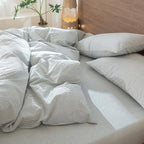 MooMee Striped Duvet Cover Set 100% Washed Cotton Linen Like Textured Breathable Durable Soft Comfy (Heathered Green Pinstripes, Oversized King Plus 128"x120")