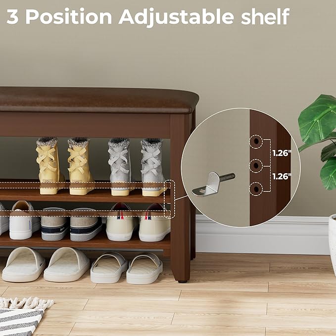Shoe Rack Bench with Flip-Top Storage, Solid Wood Entryway Bench with Cushion, Adjustable Shelf, for Hallway, Mudroom, Closet – Walnut, 31.5"