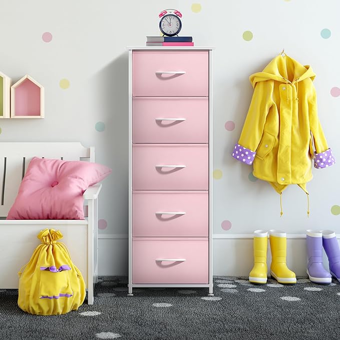 Sorbus Fabric Dresser for Kids Bedroom - Chest of 5 Drawers, Tall Storage Tower, Clothing Organizer, for Closet, for Playroom, for Nursery, Steel Frame, Fabric Bins - Wood Handle (Pink)