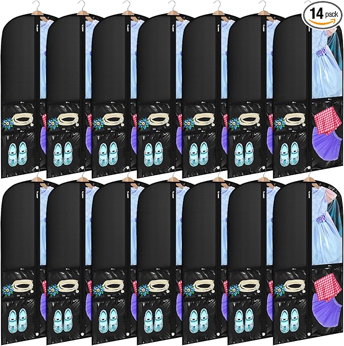 Geelin 14 Pcs Garment Bags for Dance Costumes PVC Clear with Zippers 20 x 40 Inch Garment Bag with Pockets Dance Costume Organizer Carrier for Storage Cover for Adult(Black)
