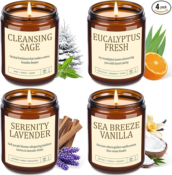 4 Pack Scented Candles for Home Scented: Soy Candles for Women, Up to 200H Burning Aromatherapy Candle Set, Jar Candle Gift Set for Birthday Valentine's Day, Scents of Sage/Vanilla/Lavender/Eucalyptus