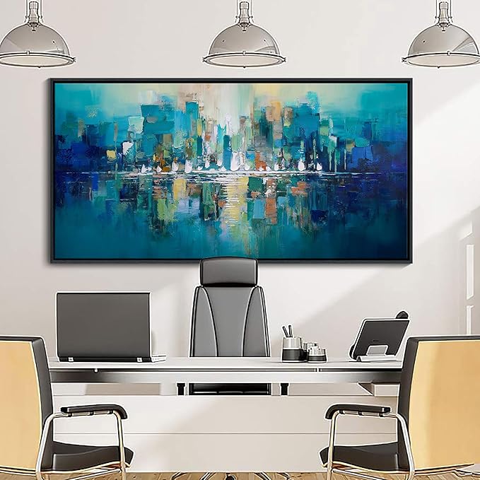 Large City view Painting Wall Art Abstract Picture for Living Room green and Yellow Home Bedroom Decoration Modem Wall Art Framed Artwork Decor 29x58