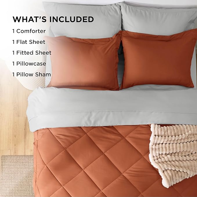 Bedsure Twin Comforter Set - 5 Pieces Reversible Burnt Orange Bedding, Twin Size Bed Set for All Seasons, Bed in a Bag with Down Alternative Comforter, Sheets, Pillowcase & Sham