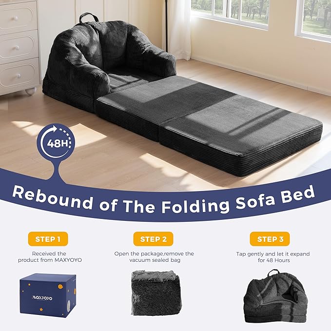 MAXYOYO Folding Sofa Bed with Backrest, Boneless Fold Out Couch Bed with Handle, 2 in 1 Convertible Bean Bag Chair to Floor Sofa Lounger, Comfy Folding Couch for Bedroom & Living Room, Black