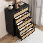GarveeHome Rattan 5 Drawer Dresser, Modern Chest of Drawers with Gold Legs and Gold Handles, Tall Dresser with Large Tabletop and Anti-Tipping Design for Bedroom Living Room, Black