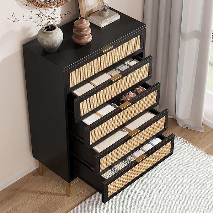 GarveeHome Rattan 5 Drawer Dresser, Modern Chest of Drawers with Gold Legs and Gold Handles, Tall Dresser with Large Tabletop and Anti-Tipping Design for Bedroom Living Room, Black