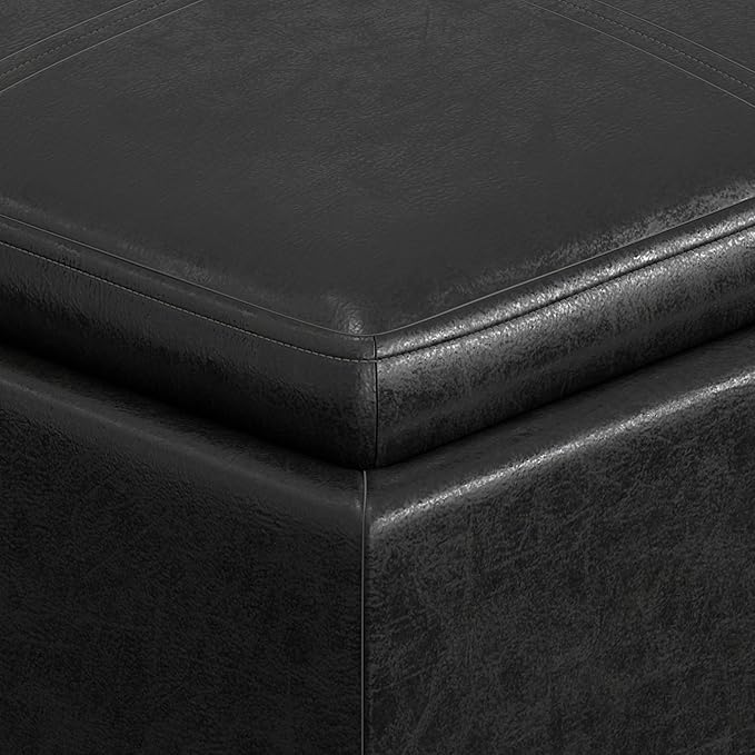 SIMPLIHOME Rockwood Cube Storage Ottoman with Tray - 17 inch Wide Upholstered Vegan Leather Square Storage Ottoman in Distressed Black, Contemporary Cube Ottoman for Living Room with Serving Tray