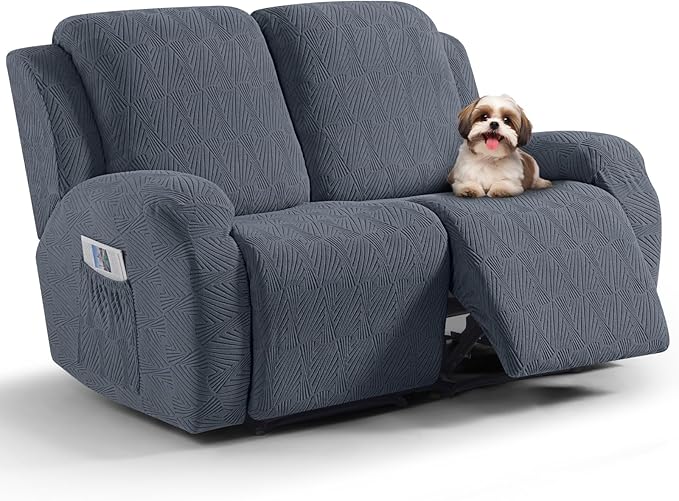 VANSOFY Recliner Loveseat Cover, 6-Pieces Stretch Dual Recliner Sofa Cover Soft Jacquard Reclining Couch Slipcover Furniture Protector with Elastic Bottom for Kid, Pets(2 Seat,Gray)