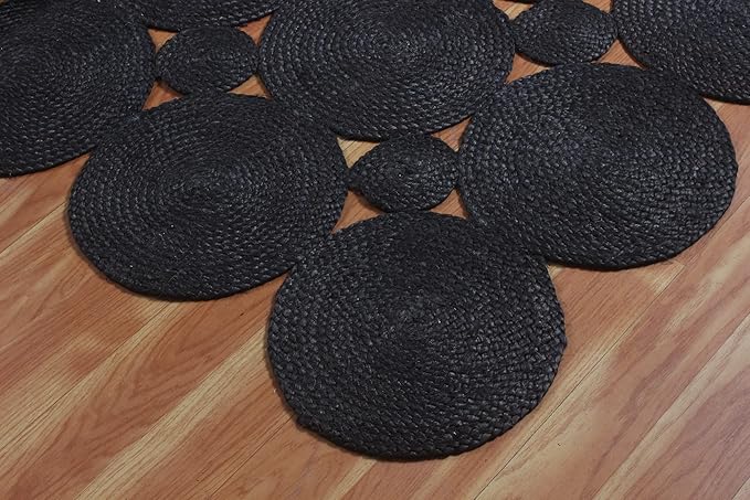 Scalloped Edge Rug, Hand Woven Natural Jute Area Rug, 12x18 Ft Black Braided Sisal Kilim Rugs for Living Room, Kitchen, Entryway, Farmhouse
