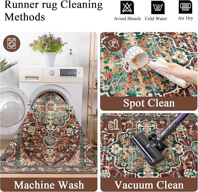 U'Artlines 3' x 12' Boho Hallway Runner Rug, Rust Non Slip Washable Vintage Farmhouse Accent Rug Carpet for Kitchen Entryway Laundry and Living Room (Rust＆Teal)