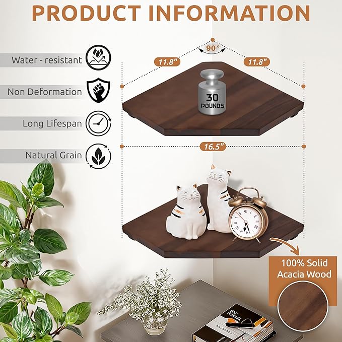 Demigo Hexagon Corner Floating Shelves Wall Mount (Set of 2) – Solid Acacia Wood with Hidden Brackets & Cable Hole – Rustic & Modern Space-Saving Shelves for Bedroom Living Room Office Kitchen