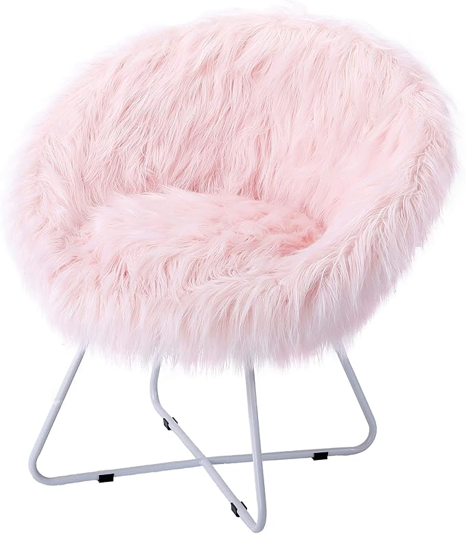 BIRDROCK HOME Faux Fur Papasan Chair with Black Legs - Luxuriously Soft & Lightweight - Wide Cushion Seat for Playroom, or Living Room - Moon Chair - Metal - Fluffy Round Seat - Circle - Pink