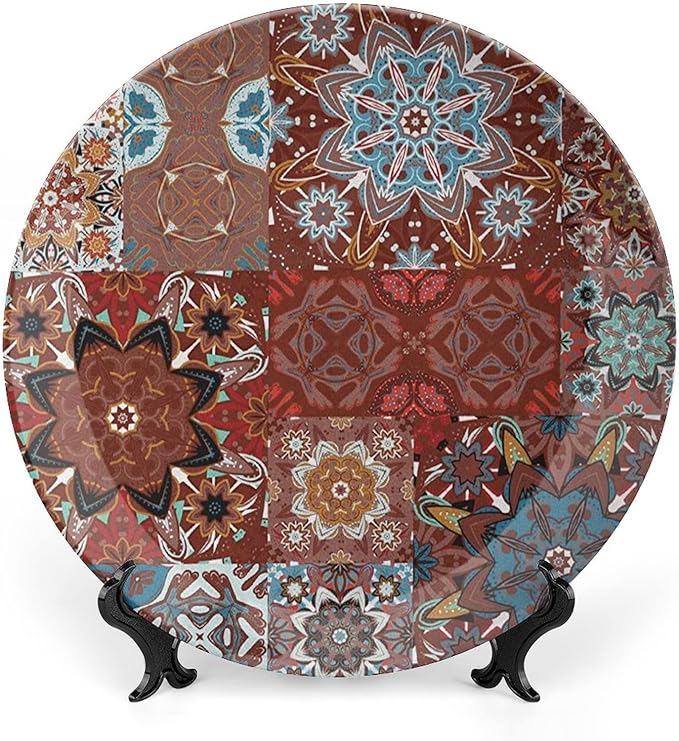 7 Inch Decorative Plate, Mandala Round Porcelain, Classic Victorian Floral Authentic Motives Tribal Print Ceramic Display Plate for Decorative Ornaments Giving Plates, 1 Plate with 1 Display Stand