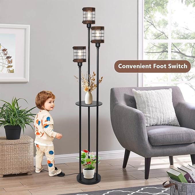 Airposta Vintage Floor Lamp with Shelves, Farmhouse Wood Floor Lamps for Living Room, Black Standing Lamp for Bedroom, Industrial Floor Lamp with Table, Rustic Tall Lamp for Office Corner Home Décor