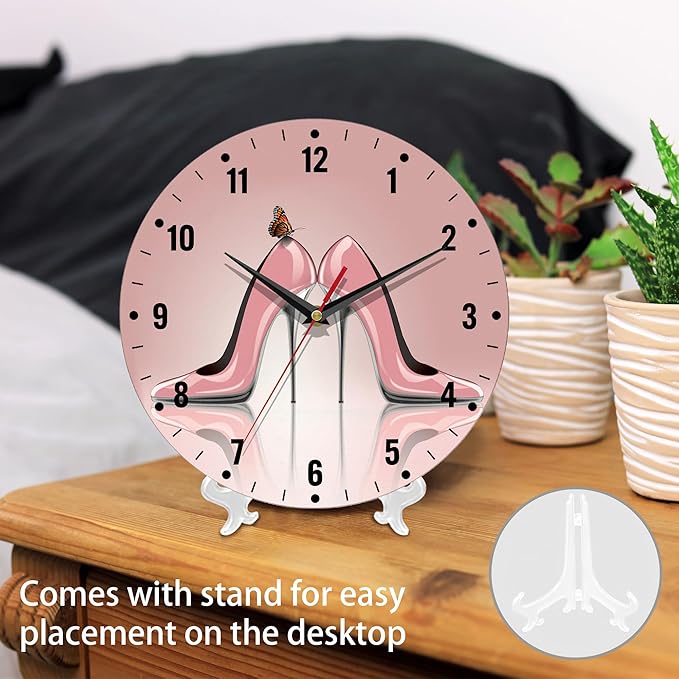 SPUNKER Clock for Bedroom,Pink High Heel Shoes Wall Clocks,Butterfly Battery Operated Wall Clock Silent Non-Ticking Decorative for Home Kitchen Bathroom Living Room Bedroom Office 10 Inch