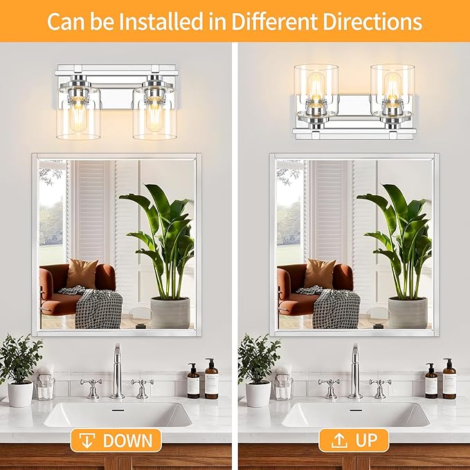 2 Light Modern Bathroom Light Fixtures Over Mirror, Chrome Vanity Lights for Bathroom Wall Sconces with Clear Glass Shades, E26 Socket (Bulbs Not Included)