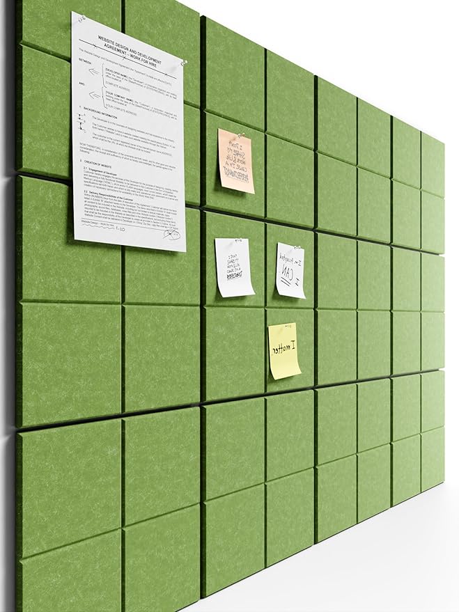 Bumusty Large Felt Bulletin Board, 48" x 36" Cork Board Alternative, 12-Pack Wall Tiles with 4-Compartment Design, 30 Push Pins, 70 Adhesive Tabs, Ideal for Office & Home Decor, Kelly Green