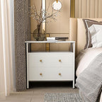 27 inch Wide Night Stand with Charging Station, Bedside Table with Open Shelf, 2 Drawers Small Wood Dresser, Modern Wood Nightstand for Bedroom/Living Room (White)