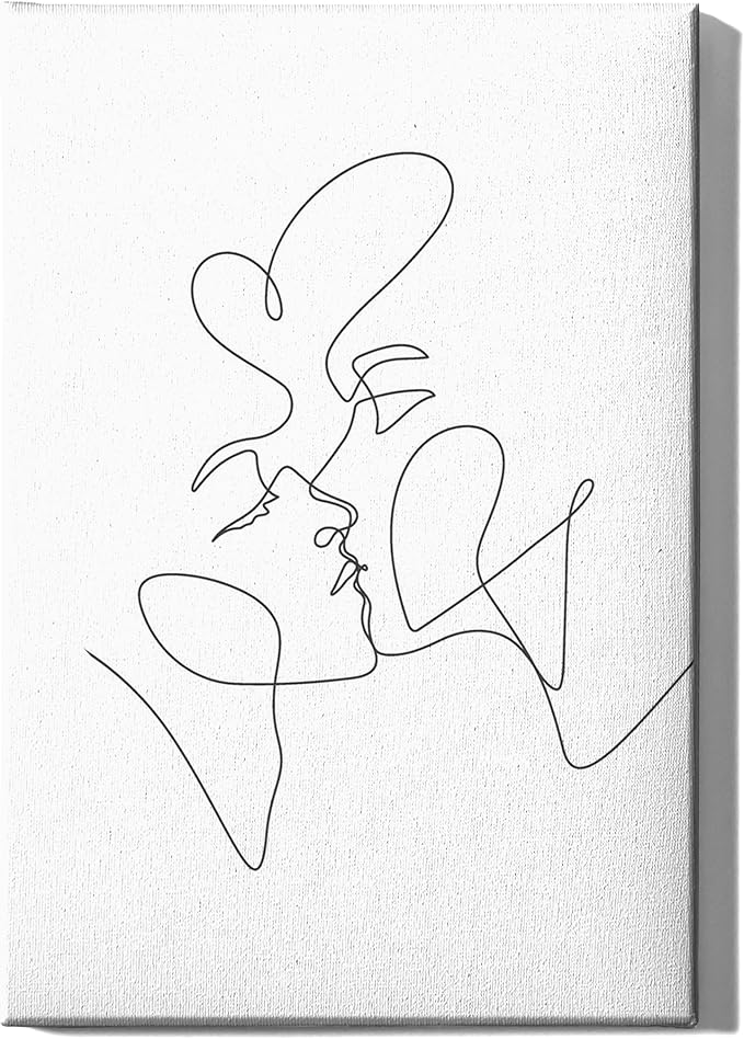 Y2K BOO Kissing Couple Wrapped Canvas Wall Art Romantic Intimacy Continuous Line Drawing 24x36 Inch Gallery Stretched Modern Home Love Art Decor