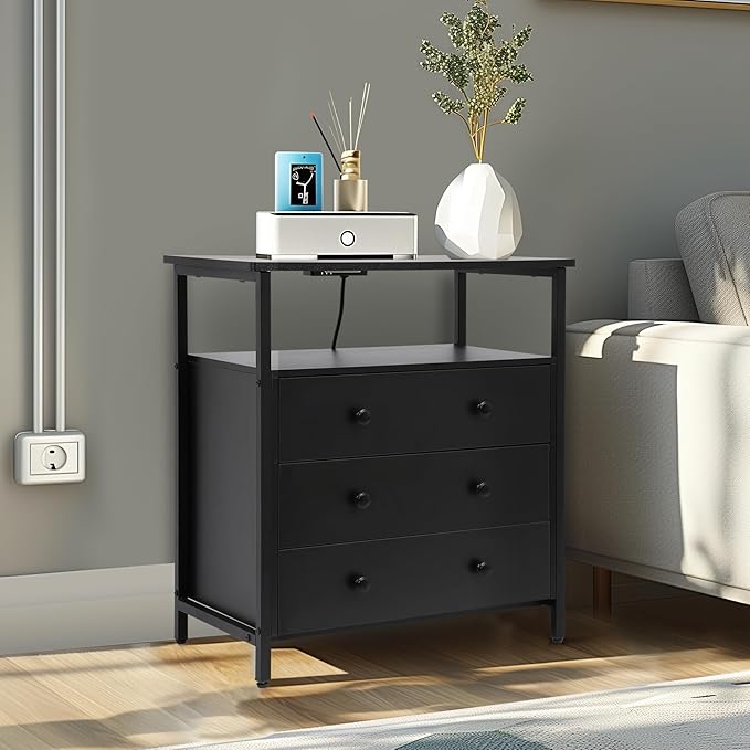 3 Wooden Drawers Night Stand, 27 Inch Wide Nightstand with Charging Station and Adjustable Drawers, Small Dresser for Closet, Bedside Table for Living Room/Bedroom/Office