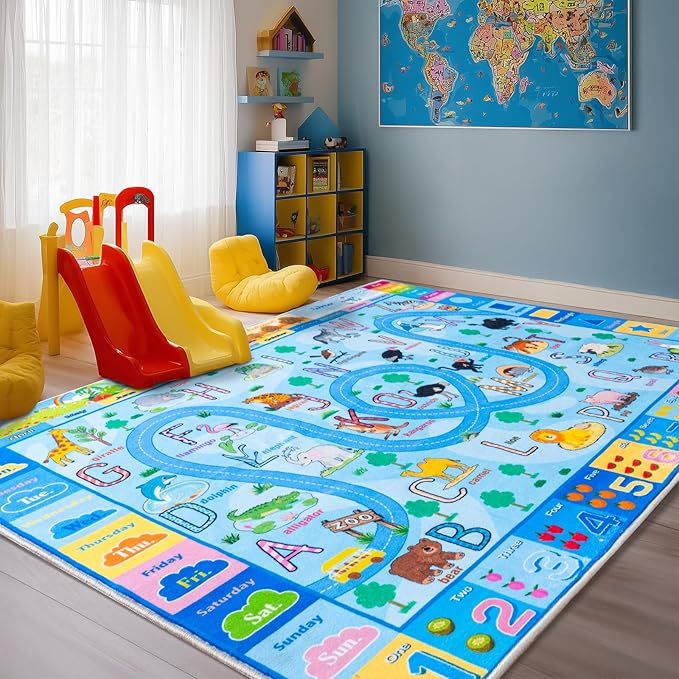 Kids Rugs Playmat for Bedroom Kids Room, Educational ABC Rug for Classroom, Non-Slip Washable Playroom Carpet for Boys Girls, Zoo Road Play Mat, 4x5 Blue