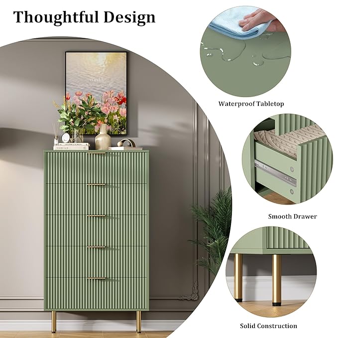 GarveeHome 5 Drawers Dresser for Bedroom, Fluted Dresser Chest of Drawers with Handle, Wood Modern Dressers for Closet, Bedroom Furniture Storage Organizer for Living Room, Hallway