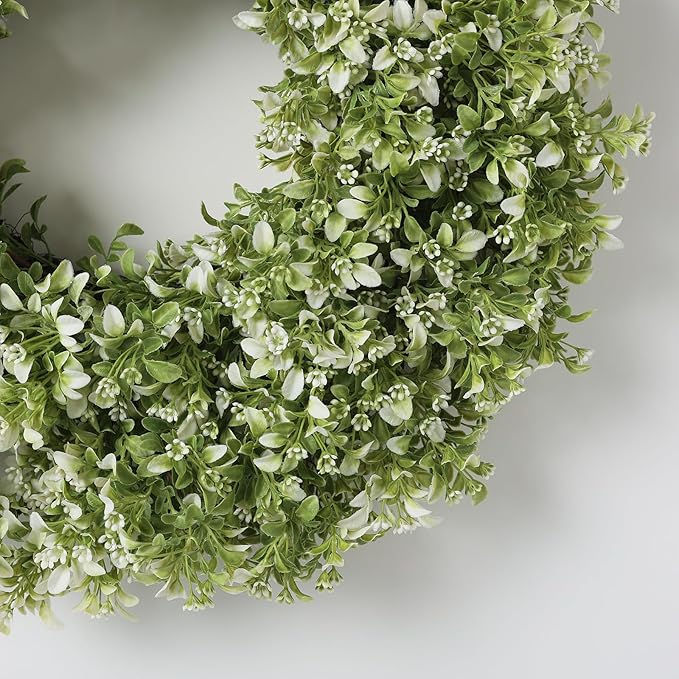 26" Artificial Boxwood Wreath for Front Door - Large Faux Aglaia Odorata Wreath, Fake Eucalyptus Leaves Plants for Wall Window Farmhouse Outdoor Decor - Spring, Summer, All Seasons (White-Green)