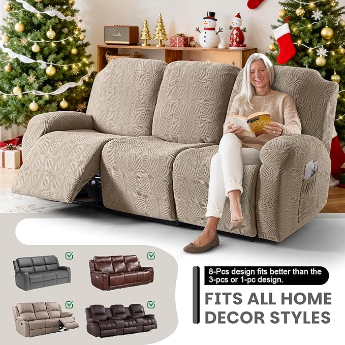 VANSOFY Recliner Couch Cover, 8-Pieces Stretch Recliner Sofa Cover Soft Jacquard Reclining Slipcover Furniture Protector with Elastic Bottom for Kid, Pets(3 Seat,Khaki)
